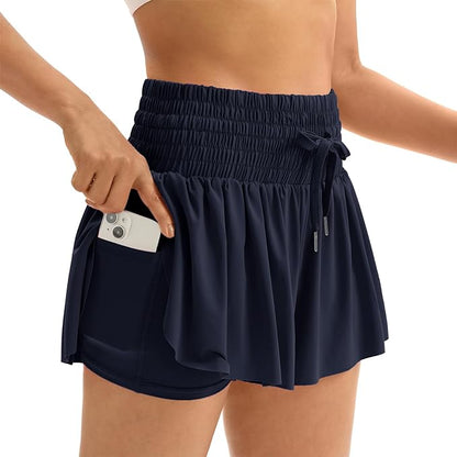 2-in-1 Shirred High Waisted Shorts