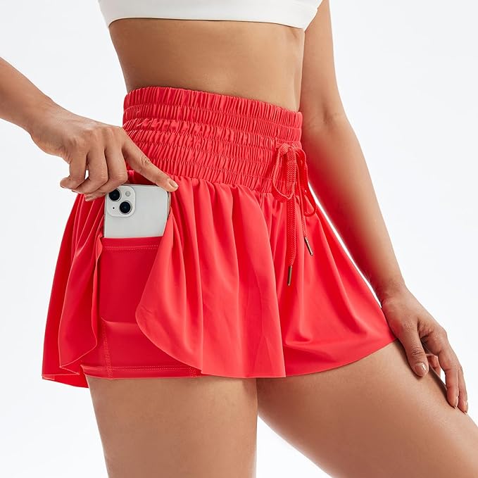 2-in-1 Shirred High Waisted Shorts