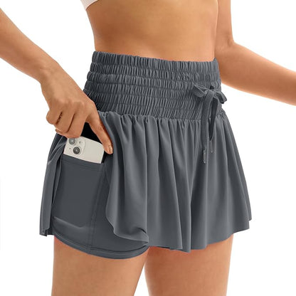 2-in-1 Shirred High Waisted Shorts