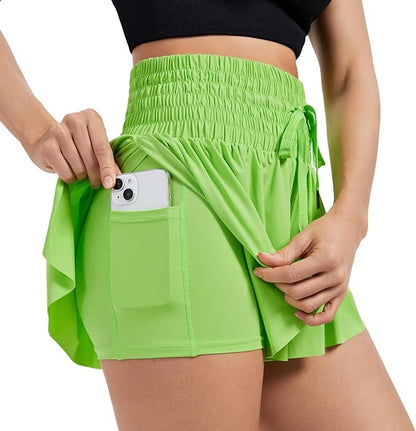 2-in-1 Shirred High Waisted Shorts